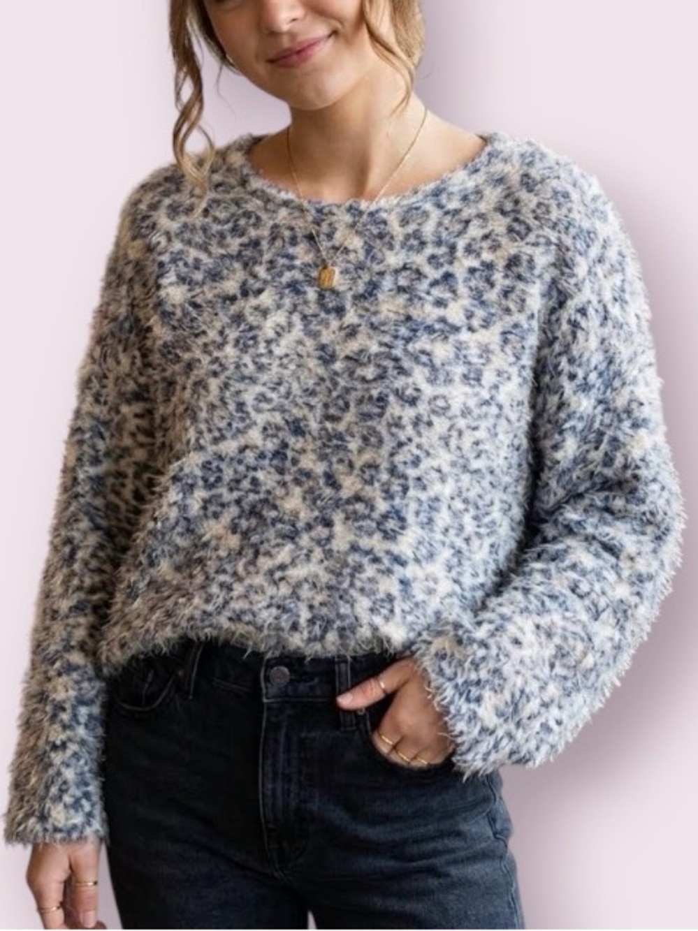 Zara Trafaluc Leopard Fuzzy Eyelashes Knit Sweater Wide Sleeve Tan Gray Medium
